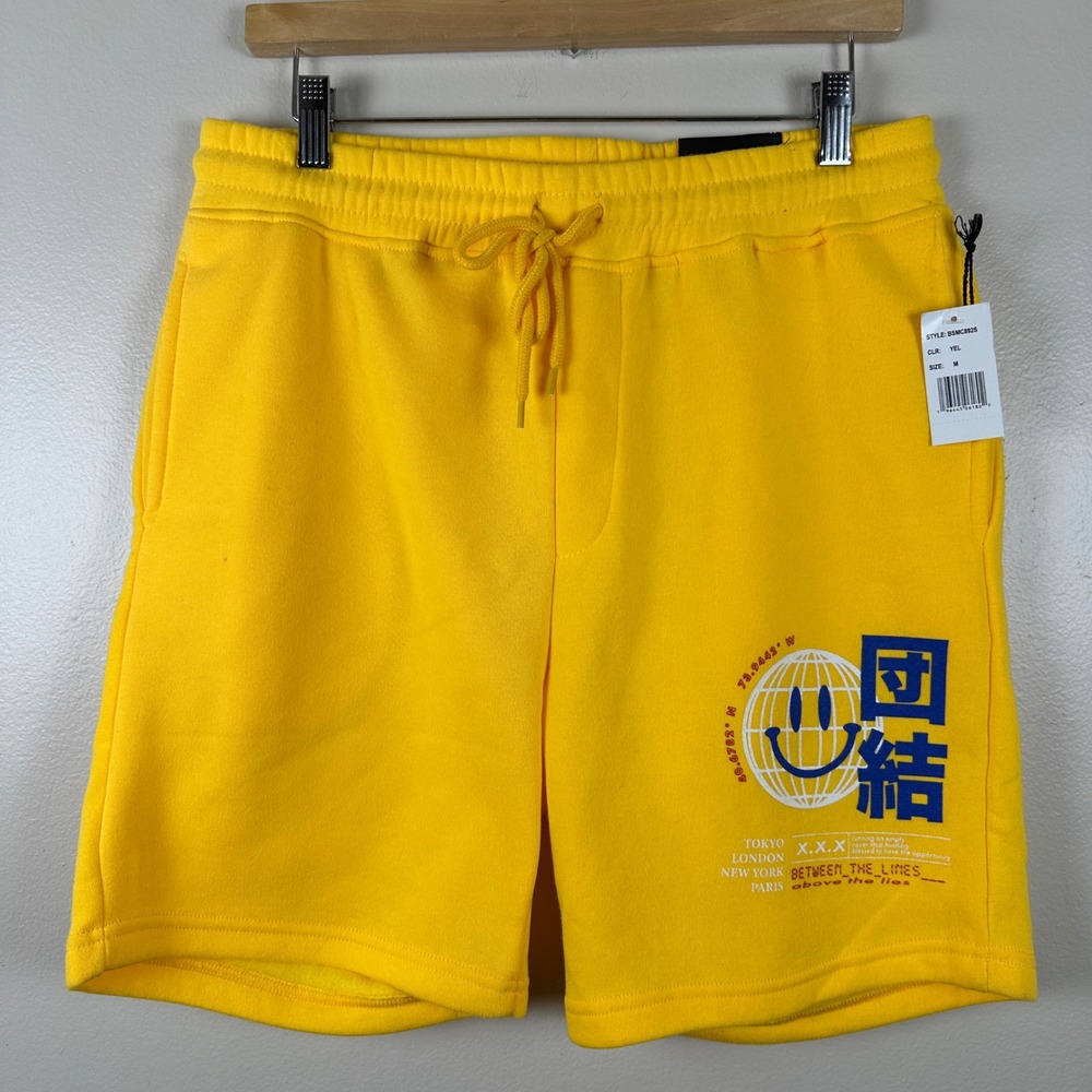 Brooklyn Cloth Men's M Fleece Shorts Yellow Graphic Streetwear y2k 90s NEW
